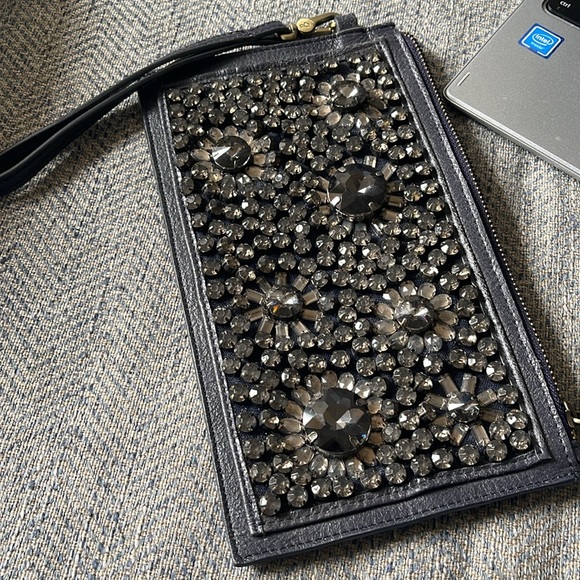 Boden Blue Distressed Leather Rhinestone Zippered Clutch - Picture 8 of 12